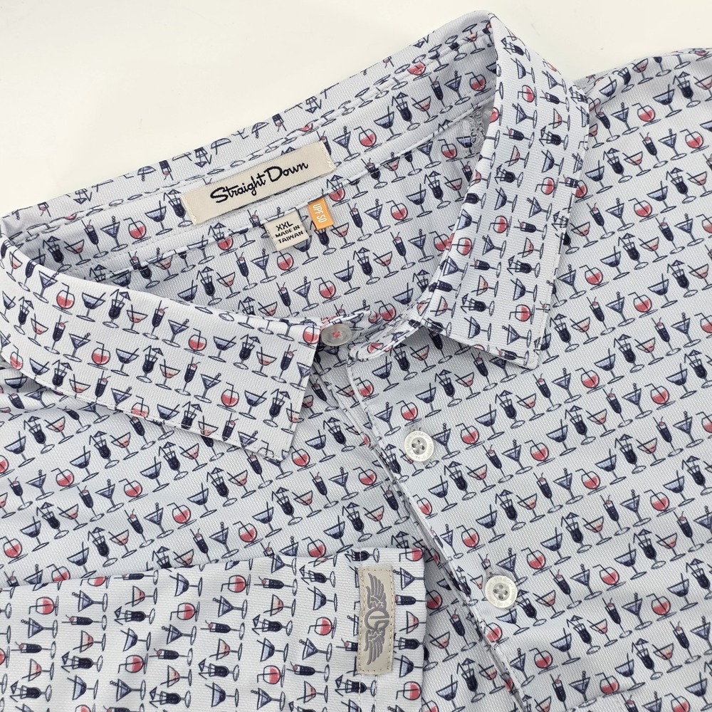 Straight Down Cocktail Drinks Polo Upf50 Geometric Print White Mens Sz XXL